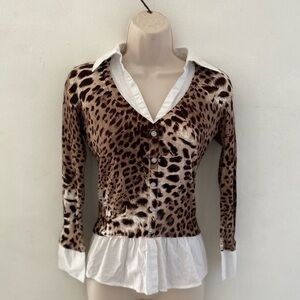 INC International Concepts preppy vtg y2k Animal Print Blouse with White Trim